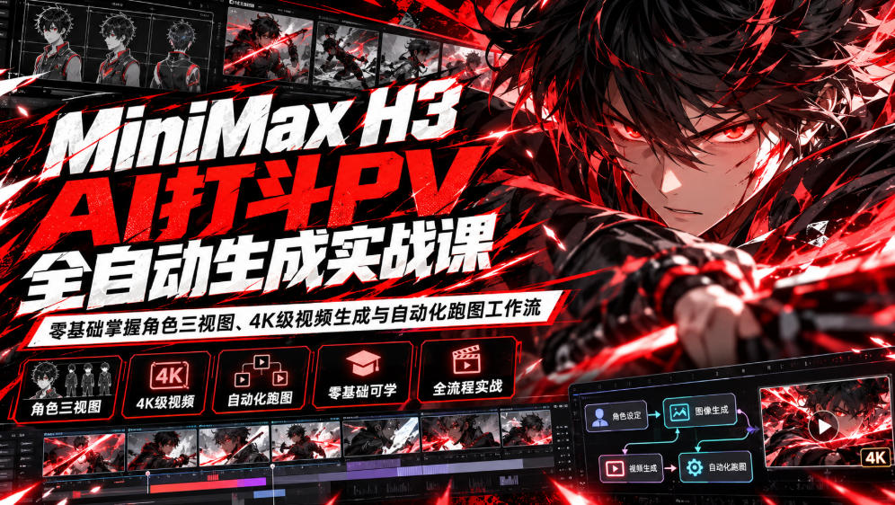 MiniMax H3 AI打斗PV全自动生成实战课：零基础掌握角色三视图、4K级视频生成与自动化跑图工作流-悟思笔记，一个低调的学习营。