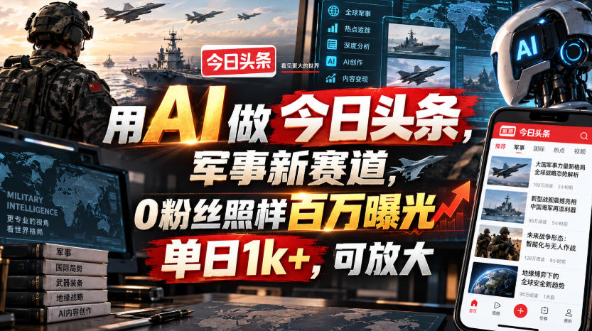 用AI做今日头条，军事新赛道，0粉丝照样百万曝光，单日1k+，可放大-悟思笔记，一个低调的学习营。