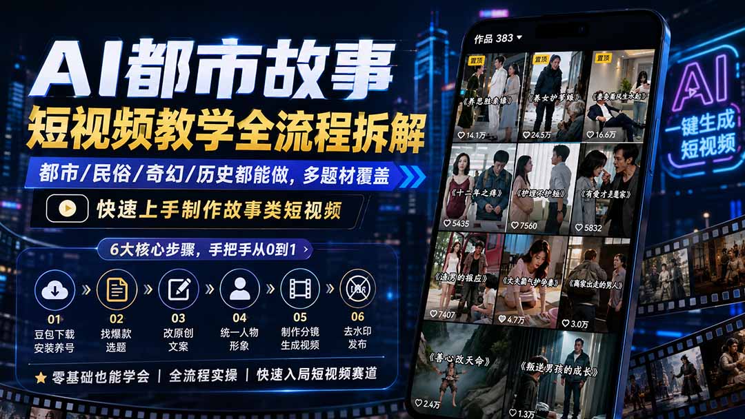 AI都市故事短视频教学全流程拆解；都市/民俗/奇幻/历史都能做多题材覆盖，快速上手制作故事类短视频-悟思笔记，一个低调的学习营。