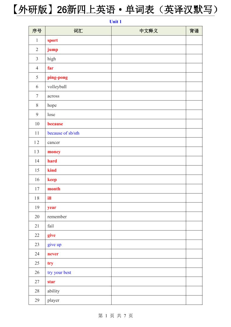 【外研版】26新四上英语·单词表（英译汉默写）-悟思笔记，一个低调的学习营。