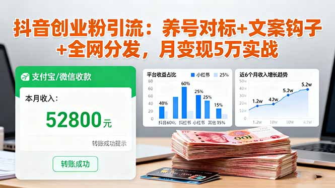 抖音创业粉引流：养号对标+文案钩子+全网分发，月变现5万实战-悟思笔记，一个低调的学习营。