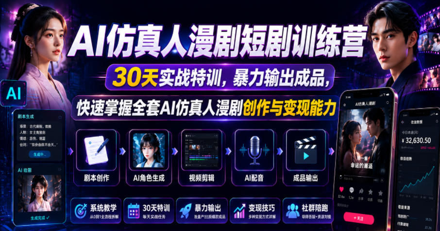 AI仿真人漫剧短剧训练营，30天实战特训，暴力输出成品，快速掌握全套AI仿真人漫剧创作与变现能力-悟思笔记，一个低调的学习营。