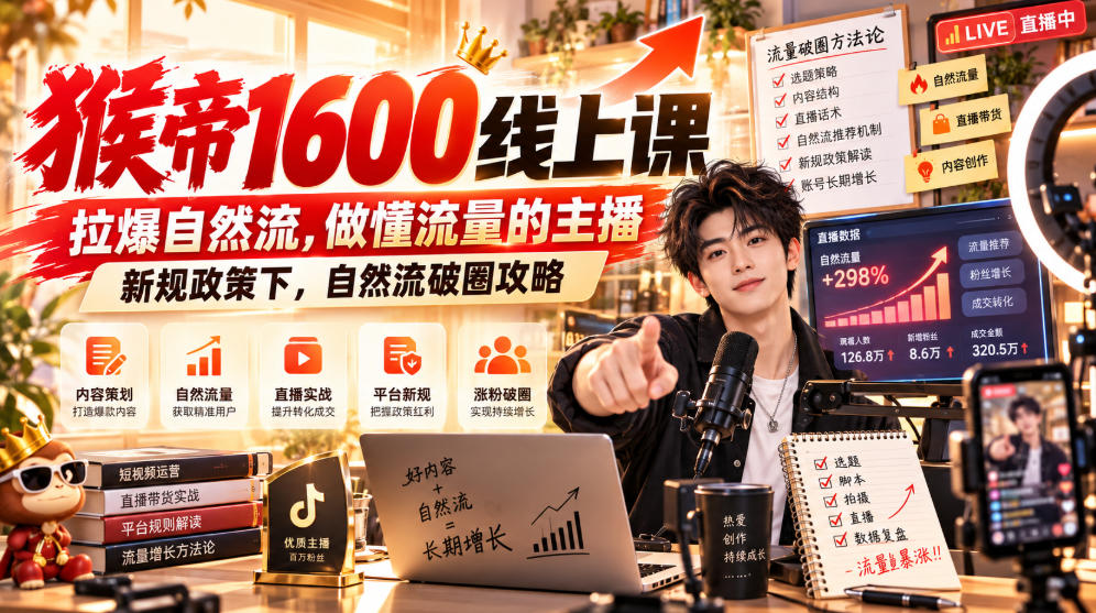 猴帝1600线上课，拉爆自然流，做懂流量的主播，新规政策下，自然流破圈攻略【更新261023】-悟思笔记，一个低调的学习营。