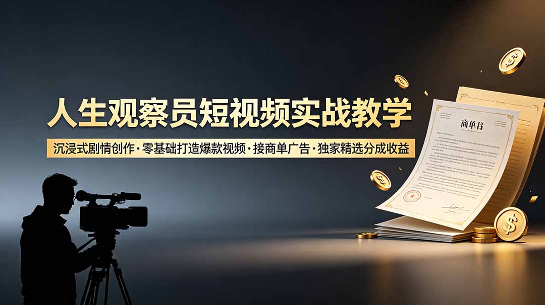 人生观察员短视频实战教学，沉浸式剧情创作，零基础打造爆款视频，接商单广告，独家精选分成收益-悟思笔记，一个低调的学习营。