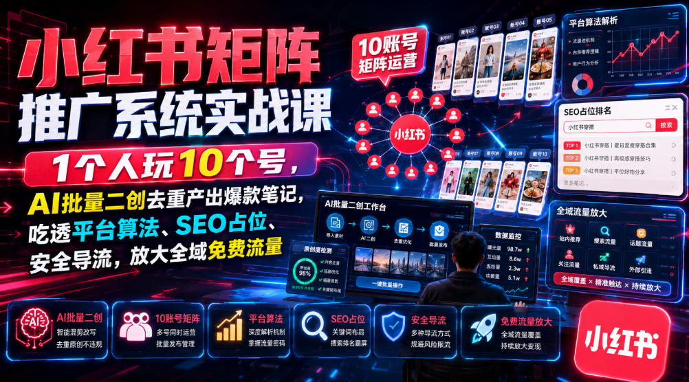 小红书矩阵推广系统实战课｜1个人玩10个号，AI批量二创去重产出爆款笔记，吃透平台算法、SEO占位、安全导流，放大全域免费流量-悟思笔记，一个低调的学习营。