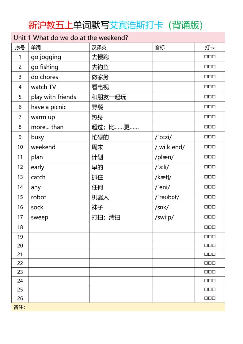 五上英语沪教版单词打卡表背诵+默写-悟思笔记，一个低调的学习营。