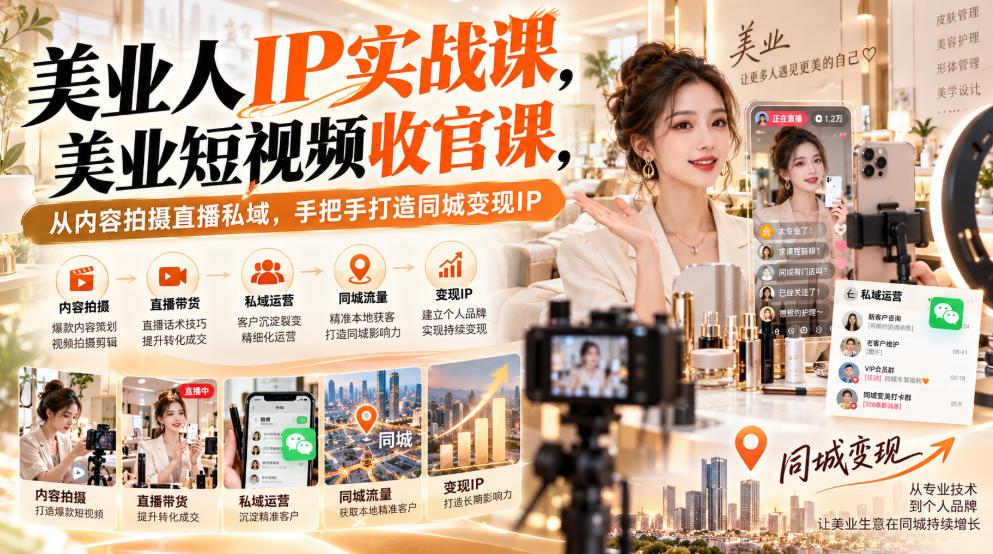 【无水印】美业人IP实战课，美业短视频收官课，从内容拍摄直播私域，手把手打造同城变现IP-悟思笔记，一个低调的学习营。