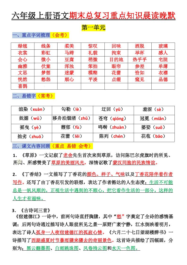 六上语文复习重点晨读单(16页)-悟思笔记，一个低调的学习营。