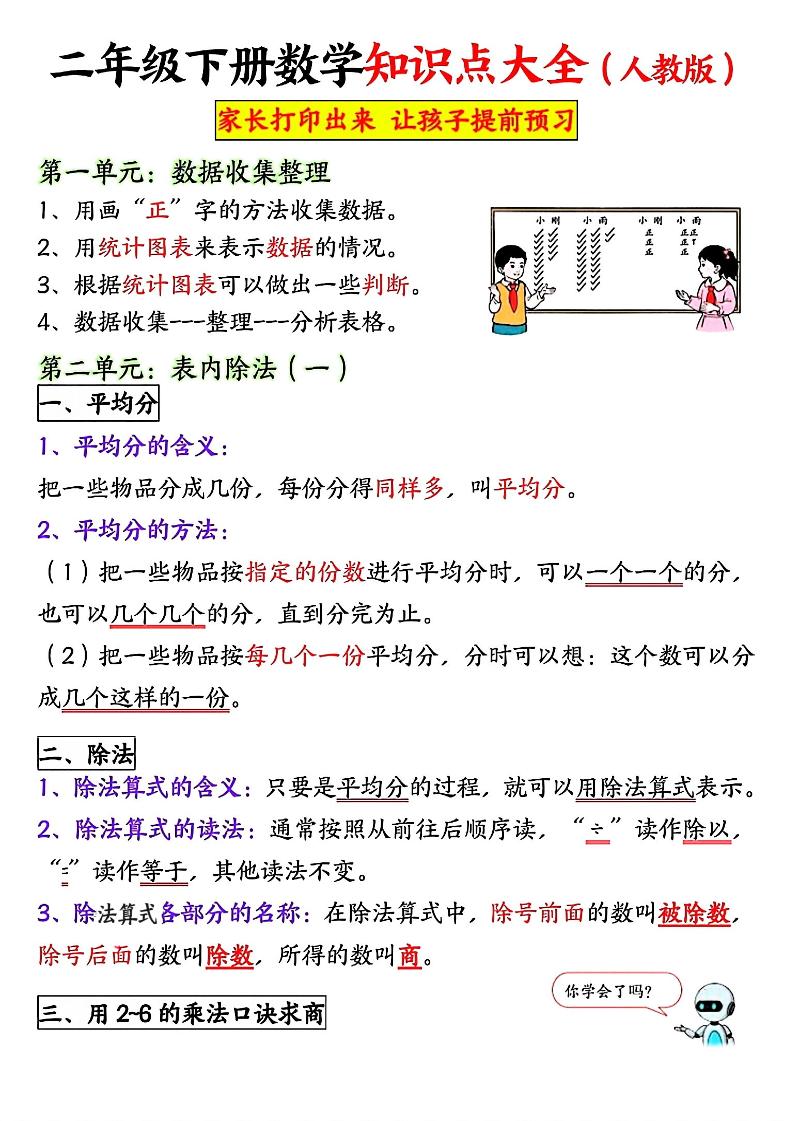 二年级下数学全册重点知识归纳《人教版》-悟思笔记，一个低调的学习营。