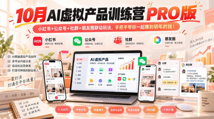10月AI虚拟产品训练营PRO版，小红书+公众号+社群+朋友圈联动玩法，手把手带你一起赚到明年的钱！-悟思笔记，一个低调的学习营。