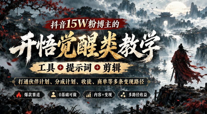 抖音15W粉博主的开悟觉醒类教学，工具+提示词+剪辑，打通伙伴计划、分成计划、收徒、商单等多条变现路径-悟思笔记，一个低调的学习营。