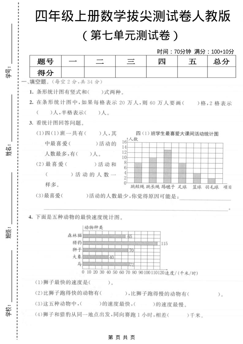 四年级上数学第七单元测试卷《人教版》-悟思笔记，一个低调的学习营。