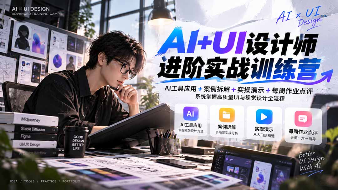 【无水印】AI+UI设计师进阶训练营-第4期：AI工具应用+案例拆解+实操演示+作业点评，掌握高质量UI与视觉设计全流程-悟思笔记，一个低调的学习营。