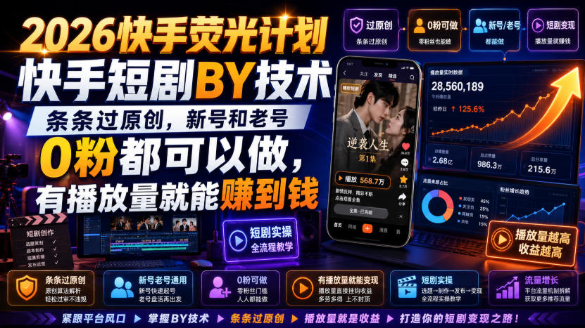 2026快手荧光计划，快手短剧搬运技术，条条过原创，新号和老号0粉都可以做，有播放量就能賺到钱-悟思笔记，一个低调的学习营。