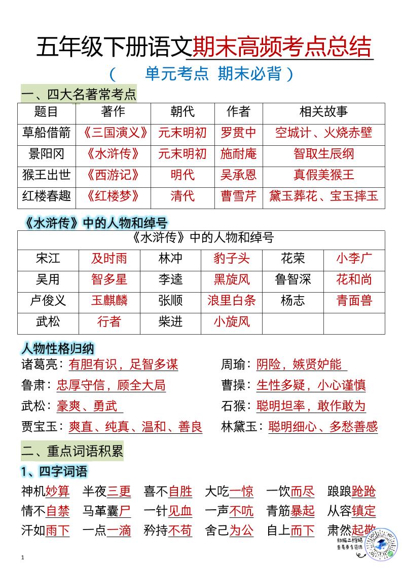 五年级下语文期末总复习知识点归纳汇总-悟思笔记，一个低调的学习营。
