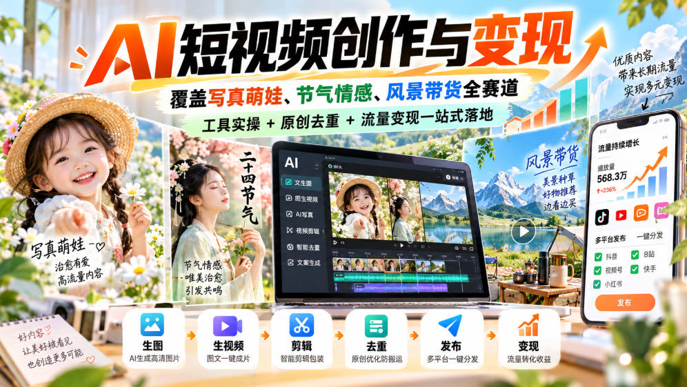 AI短视频创作与变现，覆盖写真萌娃、节气情感、风景带货全赛道，工具实操+原创去重+流量变现一站式落地-悟思笔记，一个低调的学习营。