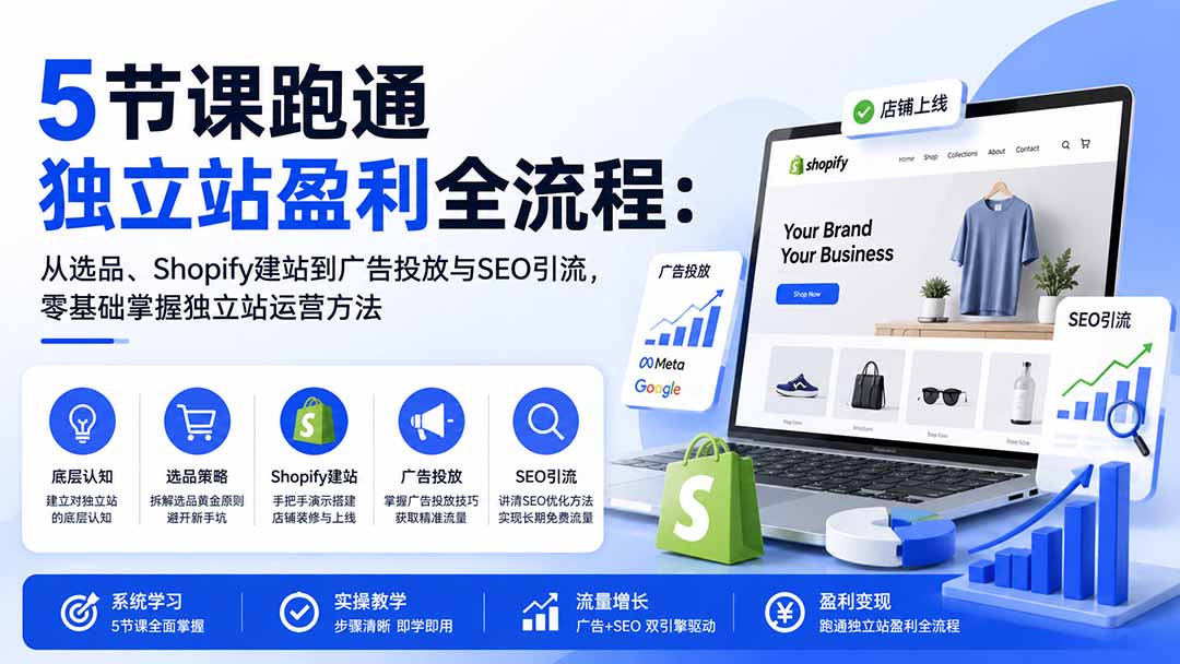 图片[1]-5节课跑通独立站盈利全流程：从选品、Shopify建站到广告投放与SEO引流，零基础掌握独立站运营方法-悟思笔记，一个低调的学习营。