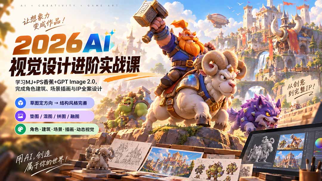 2026AI视觉设计进阶实战课-更新1007：学习MJ+PS香蕉+GPT Image 2.0，完成角色建筑、场景插画与IP全案设计-悟思笔记，一个低调的学习营。