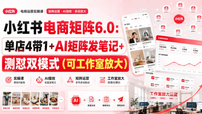 小红书电商矩阵6.0：单店4带1+AI矩阵发笔记+测怼双模式(可工作室放大)-悟思笔记，一个低调的学习营。
