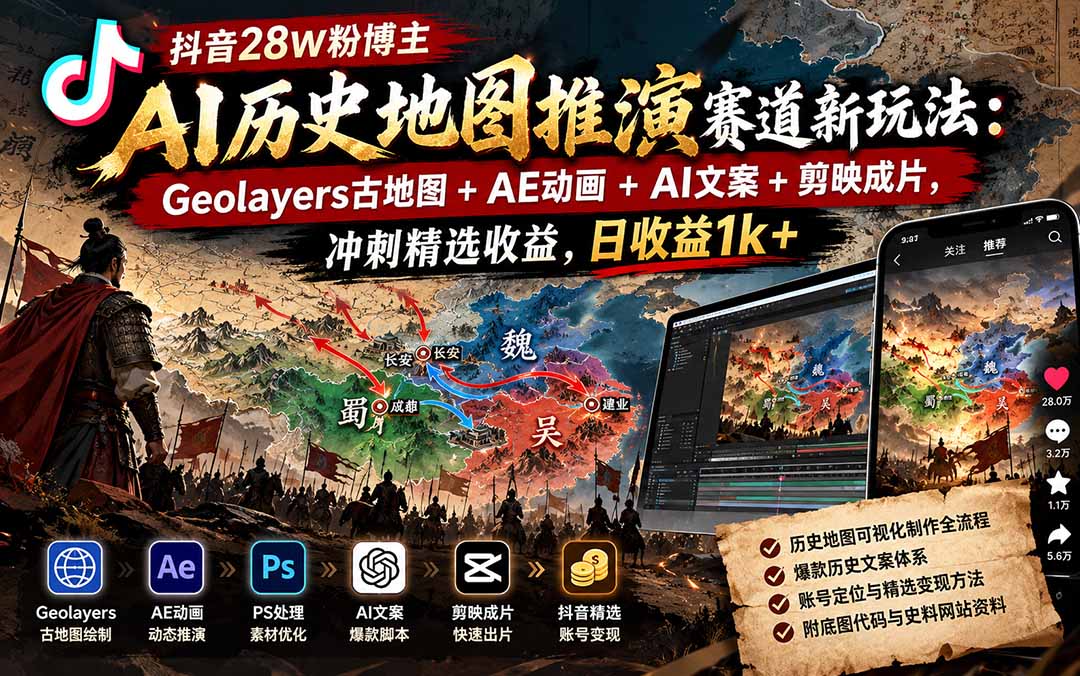 抖音28W粉博主AI历史地图推演赛道新玩法：Geolayers古地图+AE动画+AI文案+剪映成片，冲刺精选收益，日收益1k+-悟思笔记，一个低调的学习营。