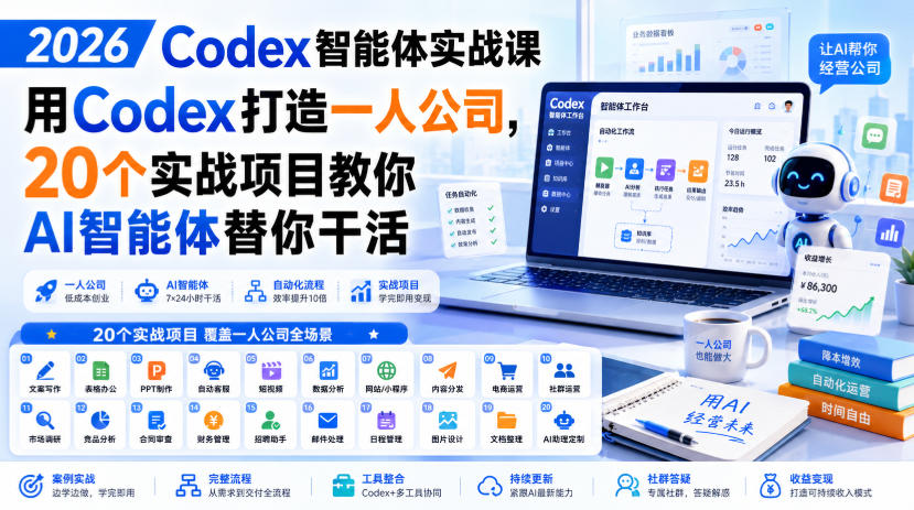 2026 Codex智能体实战课，用Codex打造一人公司，20个实战项目教你AI智能体替你干活-悟思笔记，一个低调的学习营。