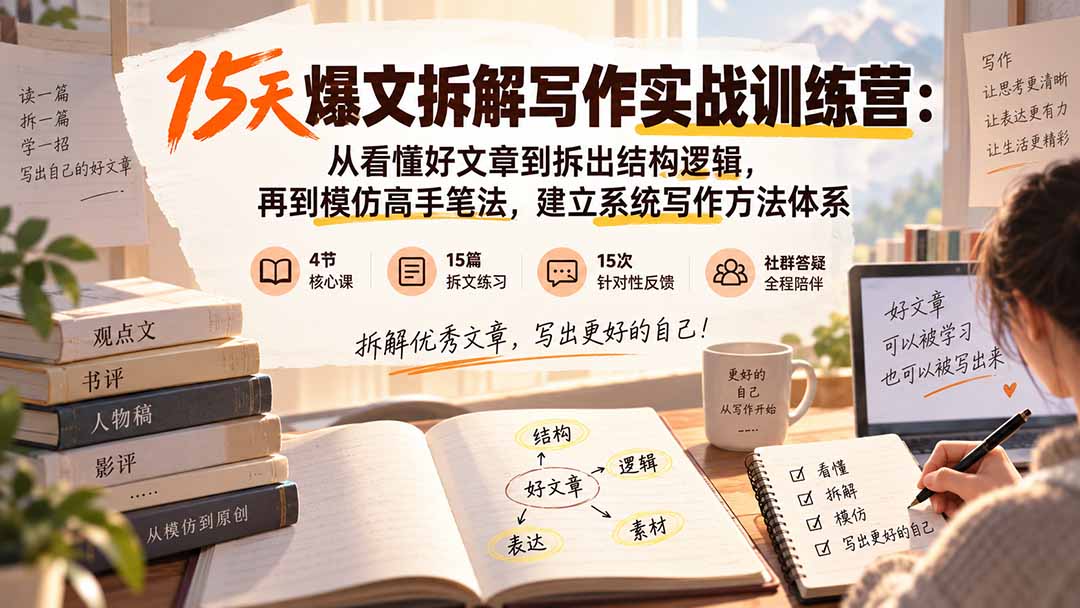 15天爆文拆解写作实战训练营：从看懂好文章到拆出结构逻辑，再到模仿高手笔法，建立系统写作方法体系-悟思笔记，一个低调的学习营。