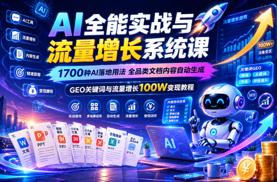 AI全能实战与流量增长系统课，1700种AI落地用法，全品类文档内容自动生成，GEO关键词与流量增长100W变现教程-悟思笔记，一个低调的学习营。