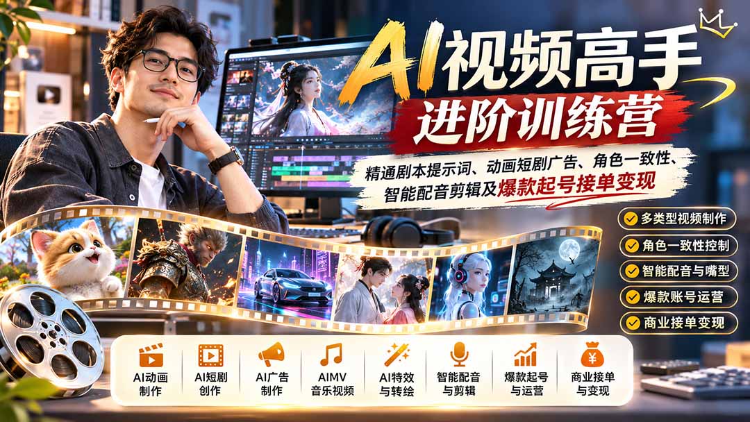 AI视频高手进阶训练营：精通剧本提示词、动画短剧广告、角色一致性、智能配音剪辑及爆款起号接单变现-悟思笔记，一个低调的学习营。