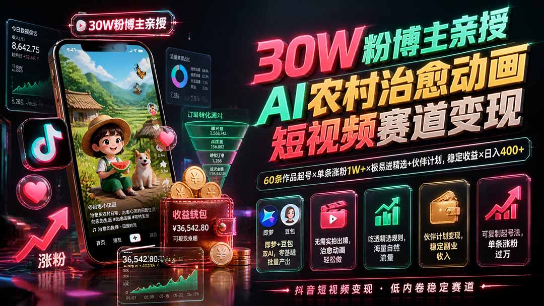 30W粉博主亲授AI农村治愈动画短视频赛道变现：60条作品起号×单条涨粉1W+×极易进精选+伙伴计划，稳定收益×日入400+-悟思笔记，一个低调的学习营。