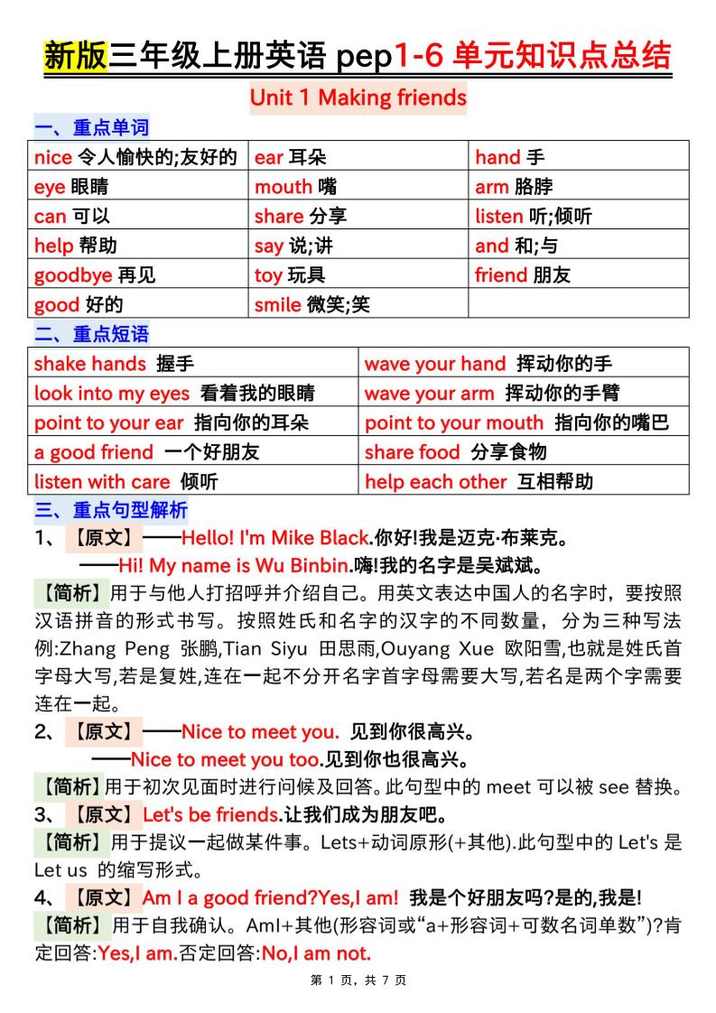 新版三上英语1-6单元知识点总结（人教PEP）7页-悟思笔记，一个低调的学习营。