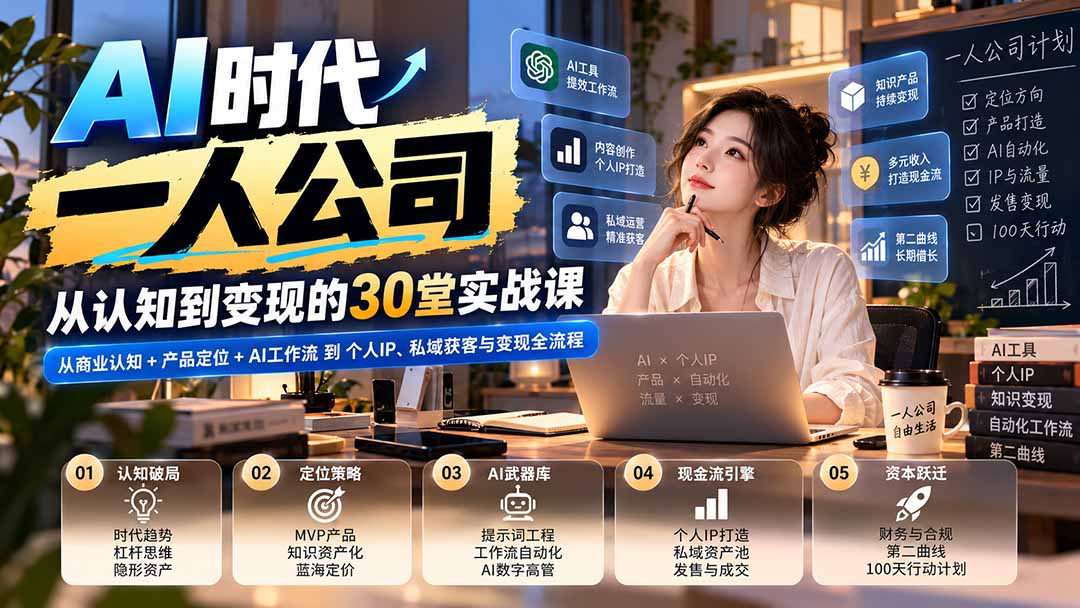 【无水印】AI时代一人公司30堂实战课：从商业认知+产品定位+AI工作流到个人IP、私域获客与变现全流程-悟思笔记，一个低调的学习营。