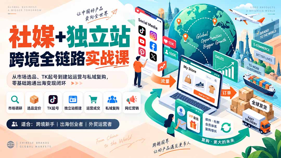 社媒+独立站跨境全链路实战课：从市场选品、TK起号到建站运营与私域复购，零基础跑通出海变现闭环-悟思笔记，一个低调的学习营。