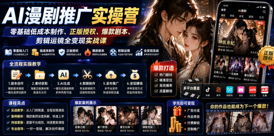 AI漫剧推广实操营｜零基础低成本制作、正版授权、爆款剧本、剪辑运镜全变现实战课-悟思笔记，一个低调的学习营。
