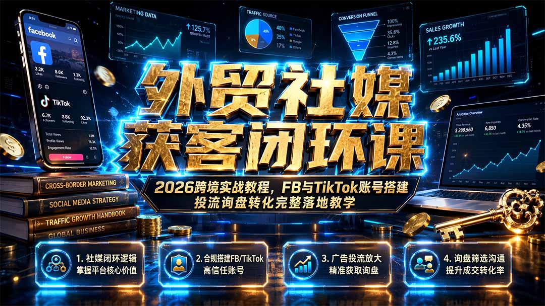 外贸社媒获客闭环课｜2026跨境实战教程，FB与TikTok账号搭建投流询盘转化完整落地教学-悟思笔记，一个低调的学习营。