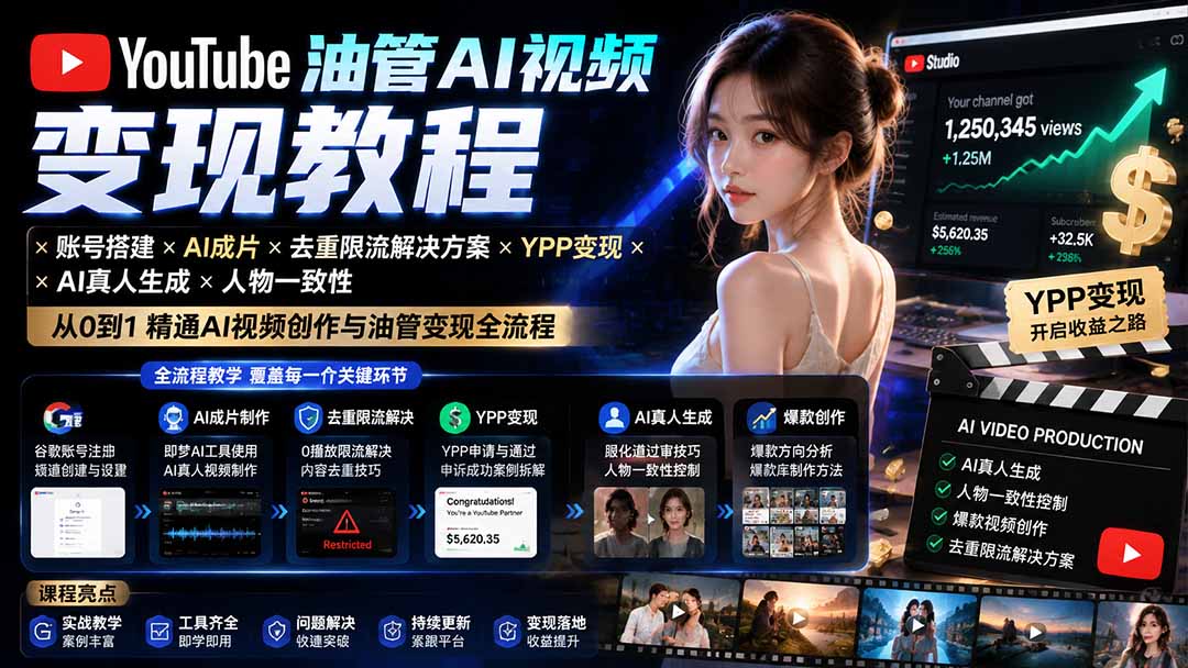 YouTube油管AI视频变现教程：账号搭建×AI成片×去重限流解决方案×YPP变现×AI真人生成×人物一致性-悟思笔记，一个低调的学习营。